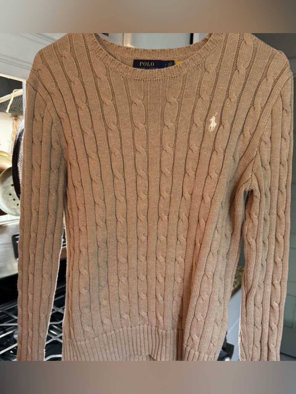 camel brown, cable-knit crewneck sweater from Polo Ralph Lauren size s